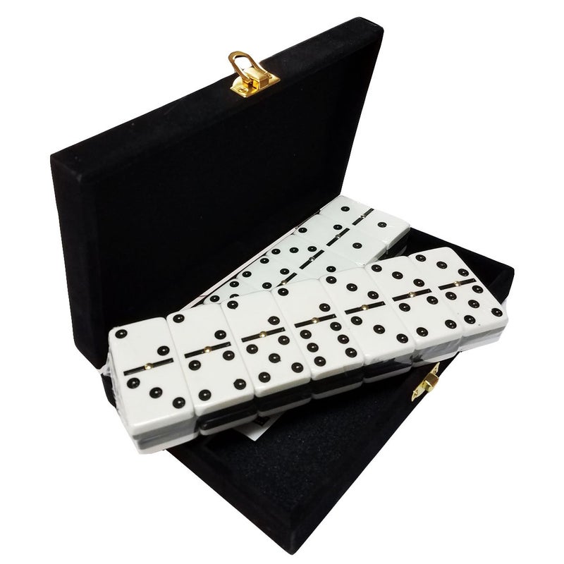 ماريون Marion Domino Double 6 أبيض وأسود بدرجتين من الحجم الاحترافي مع دوارات في علبة مخملية سوداء أنيقة. - Image 1